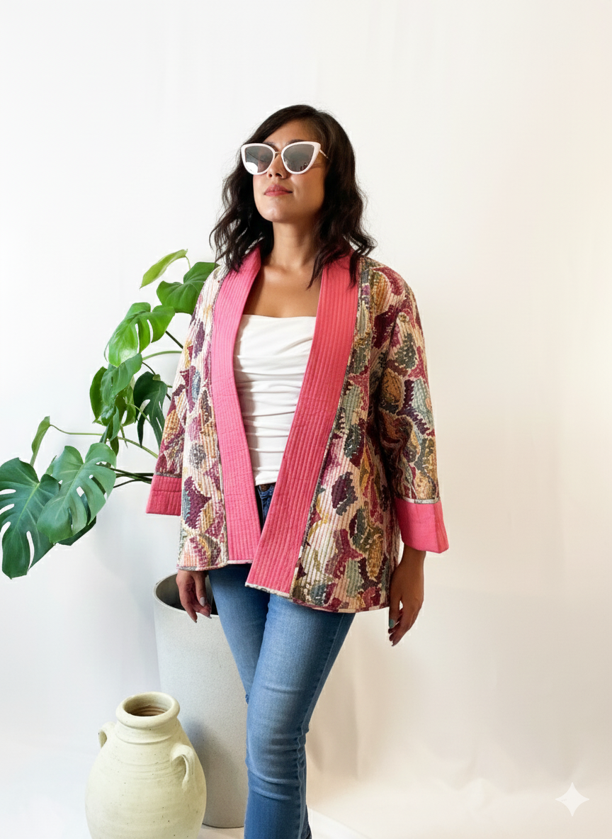 Pink printed short quilted kimono style jacket

