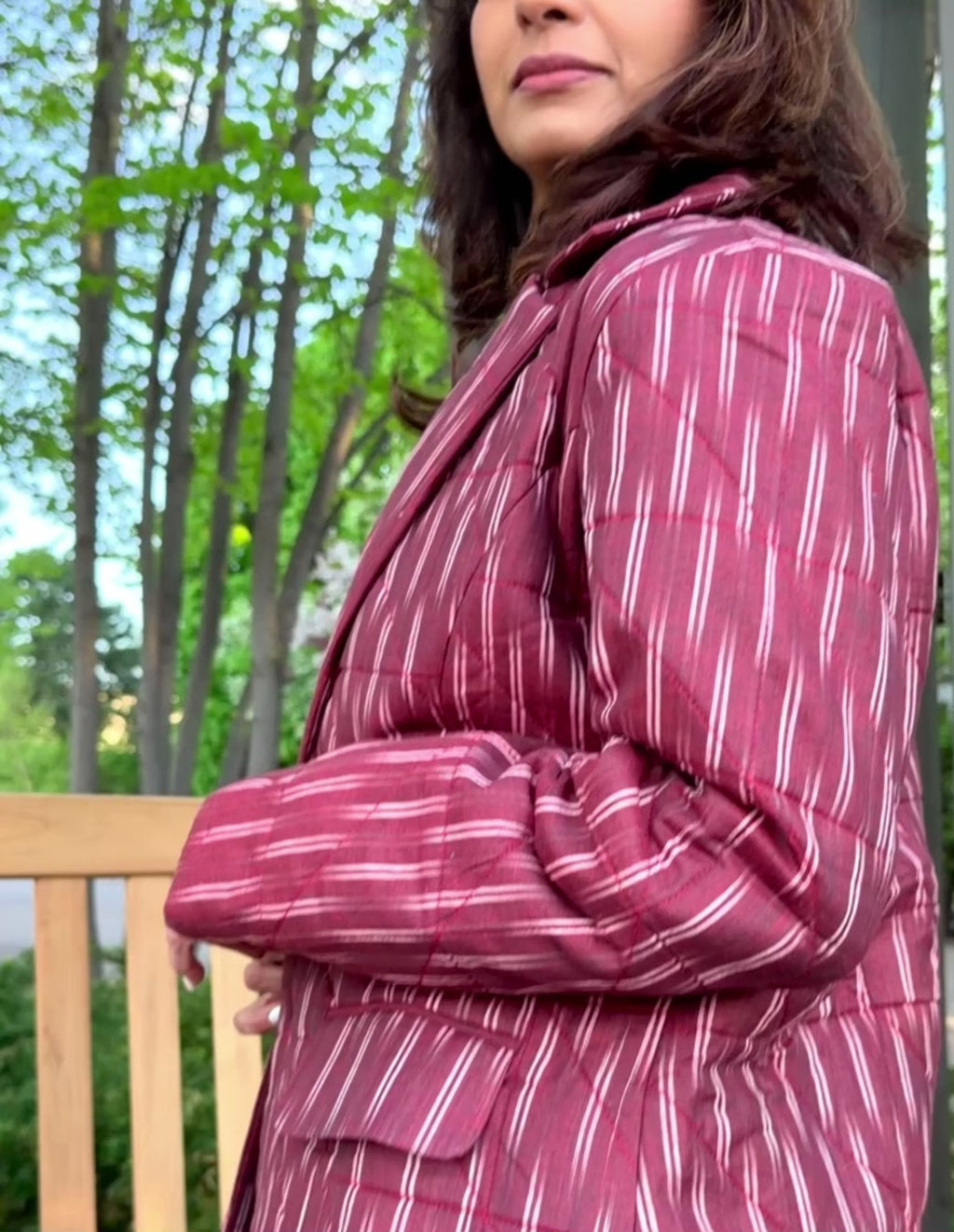 Maroon Ikkat Hand Quilted Jacket With Printed Lining