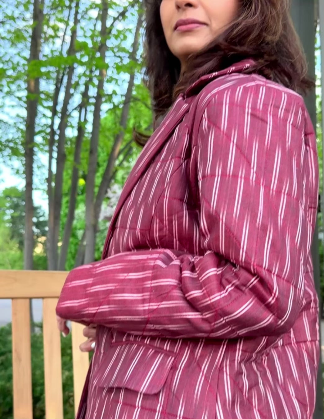 Maroon Ikkat Hand Quilted Jacket With Printed Lining