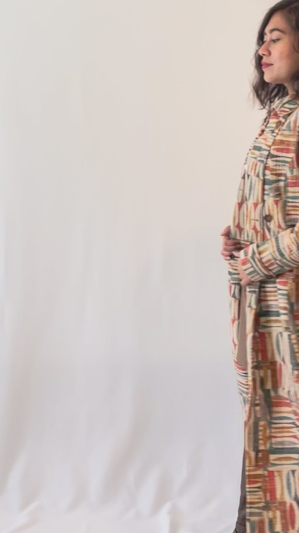 Multicolor Geometric Print Cotton Quilted Long Coat For Women