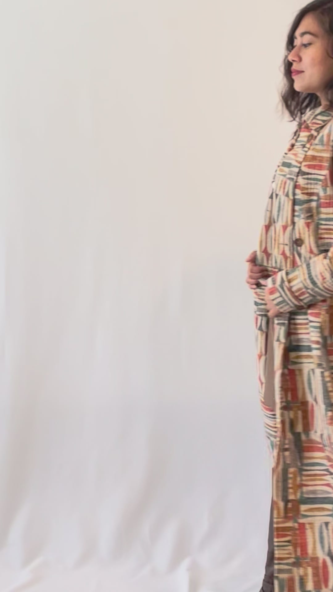 Multicolor Geometric Print Cotton Quilted Long Coat For Women