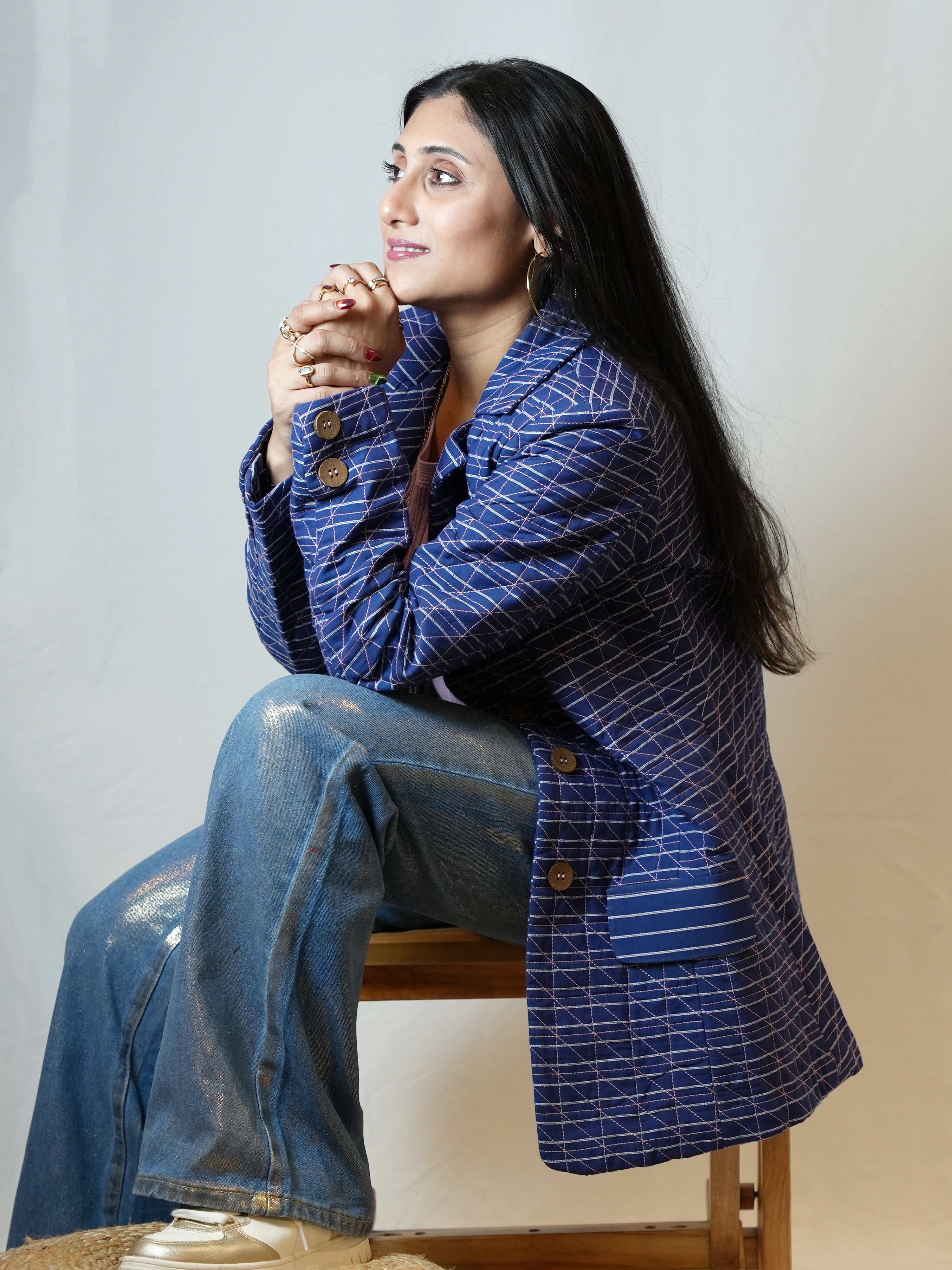 Handmade Blue Cotton Quilted Short Jacket with Pink Geometric Stitch and Batik Print Lining