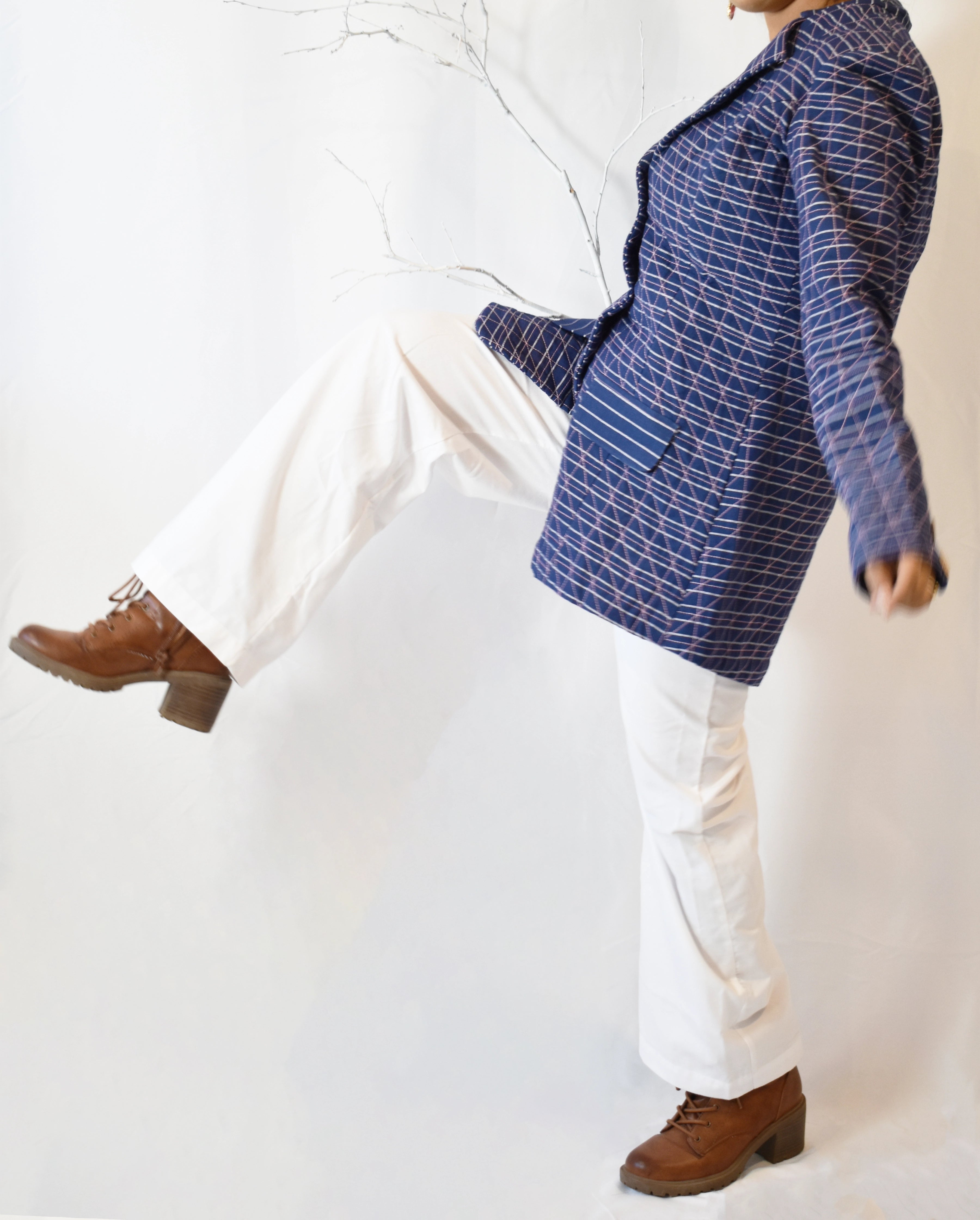 Handmade Blue Cotton Quilted Short Jacket with Pink Geometric Stitch and Batik Print Lining